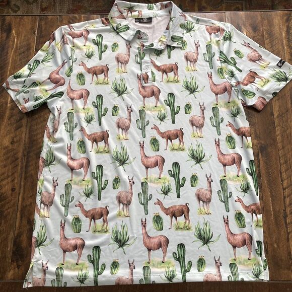 GreenSide Polo Shirt Mens Large Llama Prickly Pear Cactus Performance Golf - Picture 1 of 10